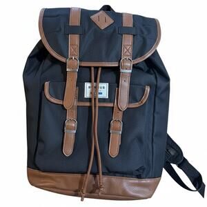 BENRUS Drawstring Backpack Black Brown Faux Leather Trim Vintage Military EUC